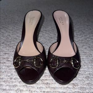 Leather Brown GG Monogram Heeled Slide